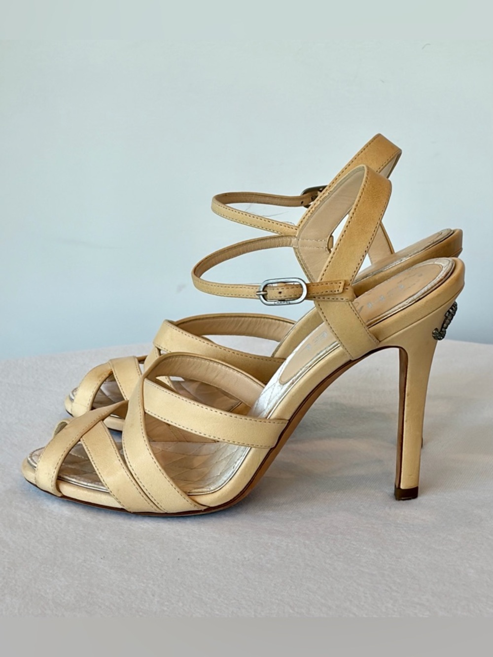 CHANEL Leather Strappy heels, Interlocking Strass CCs,quilted int, nude, 37, GUC - Picture 7 of 14
